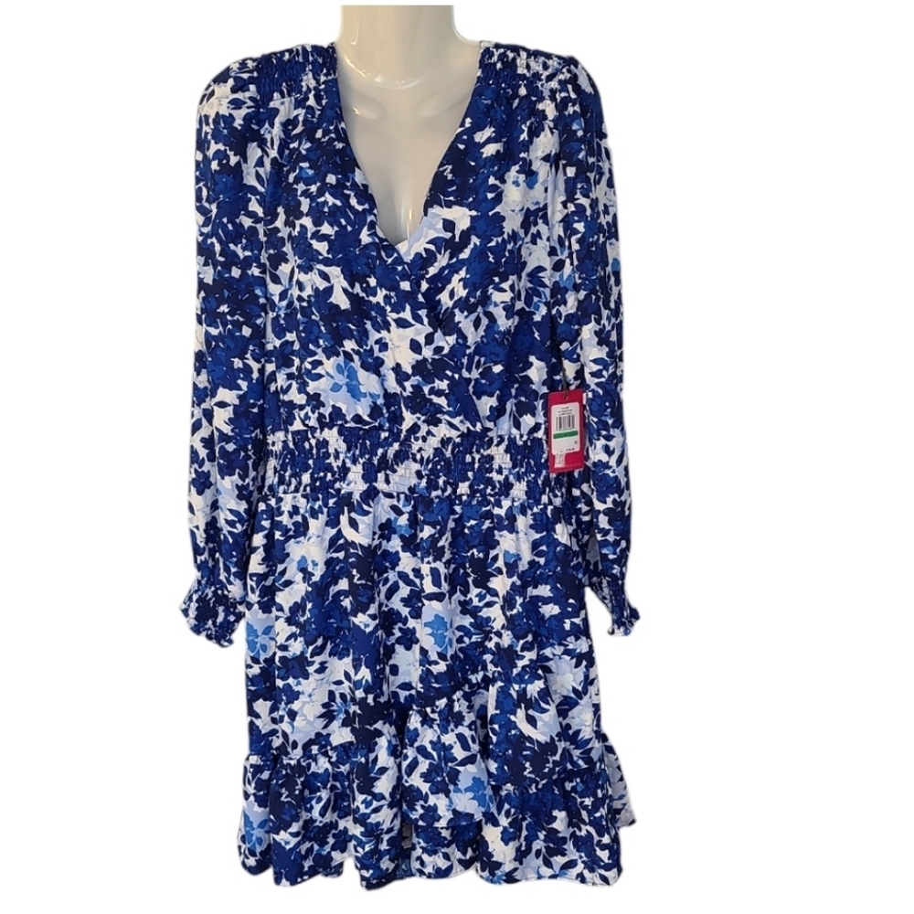 Vince Camuto Womens Opulent Blue Chiffon Floral Long Sleeve Tiered Midi Dress L